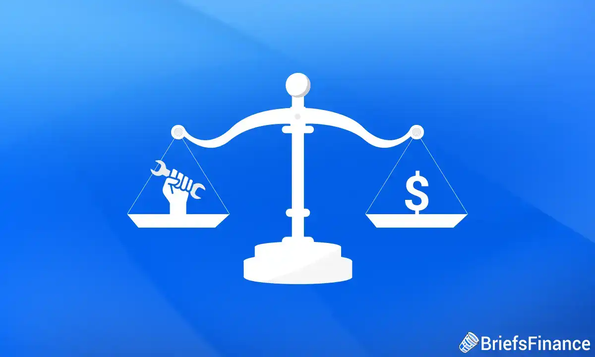 A balanced scale with a wrench and fist on one side and a dollar sign on the other, symbolizing labor versus money, on a blue background.