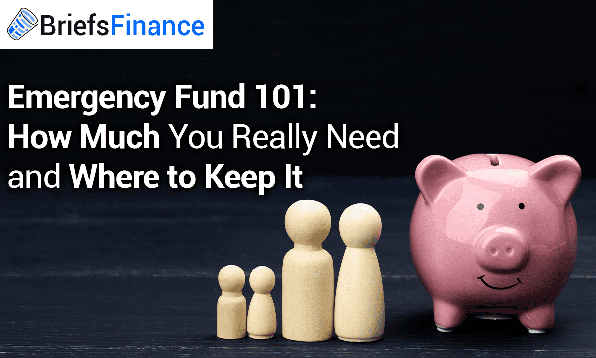 A pink piggy bank and four wooden family figurines beside text about emergency funds on a dark background.