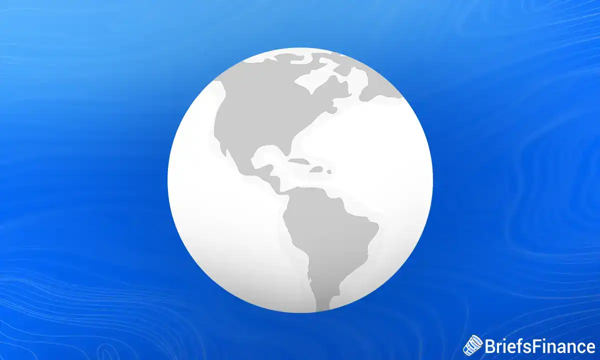 A simplified globe showing North and South America highlights mission-critical regions like Argentina lending, set on a blue gradient background with the BriefsFinance logo in the bottom right corner.