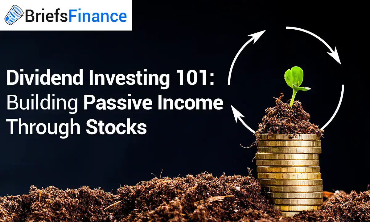 A stack of coins topped with soil and a seedling, with white arrows forming a loop, illustrating dividend investing and passive income concepts. Text: "Dividend Investing 101: Building Passive Income Through Stocks.