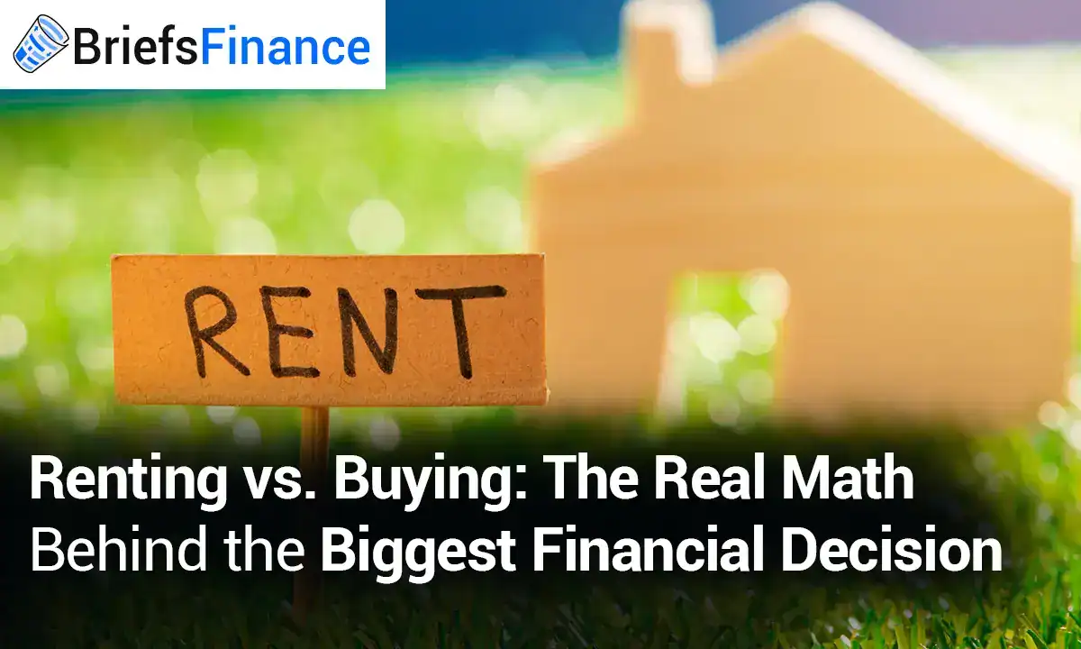 A small wooden sign labeled "RENT" stands on grass with a blurry house shape in the background, illustrating the topic of renting versus buying a home.