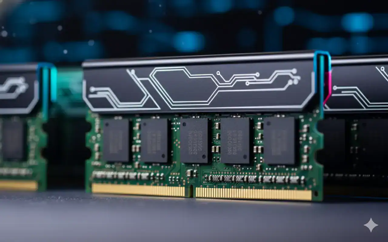A close-up photo of a computer RAM module showing microchips and gold connector pins, with a patterned black heat spreader on top—a nod to rising AI chip demand and the latest guidance from tech leaders like TSMC.