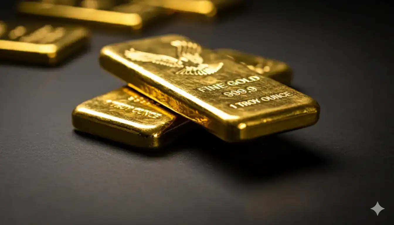 Three gold bars are stacked on a dark surface, with "Fine Gold 999.9 1 Troy Ounce" and an eagle design visible on the top bar, highlighting gold's enduring role as a safe haven asset.