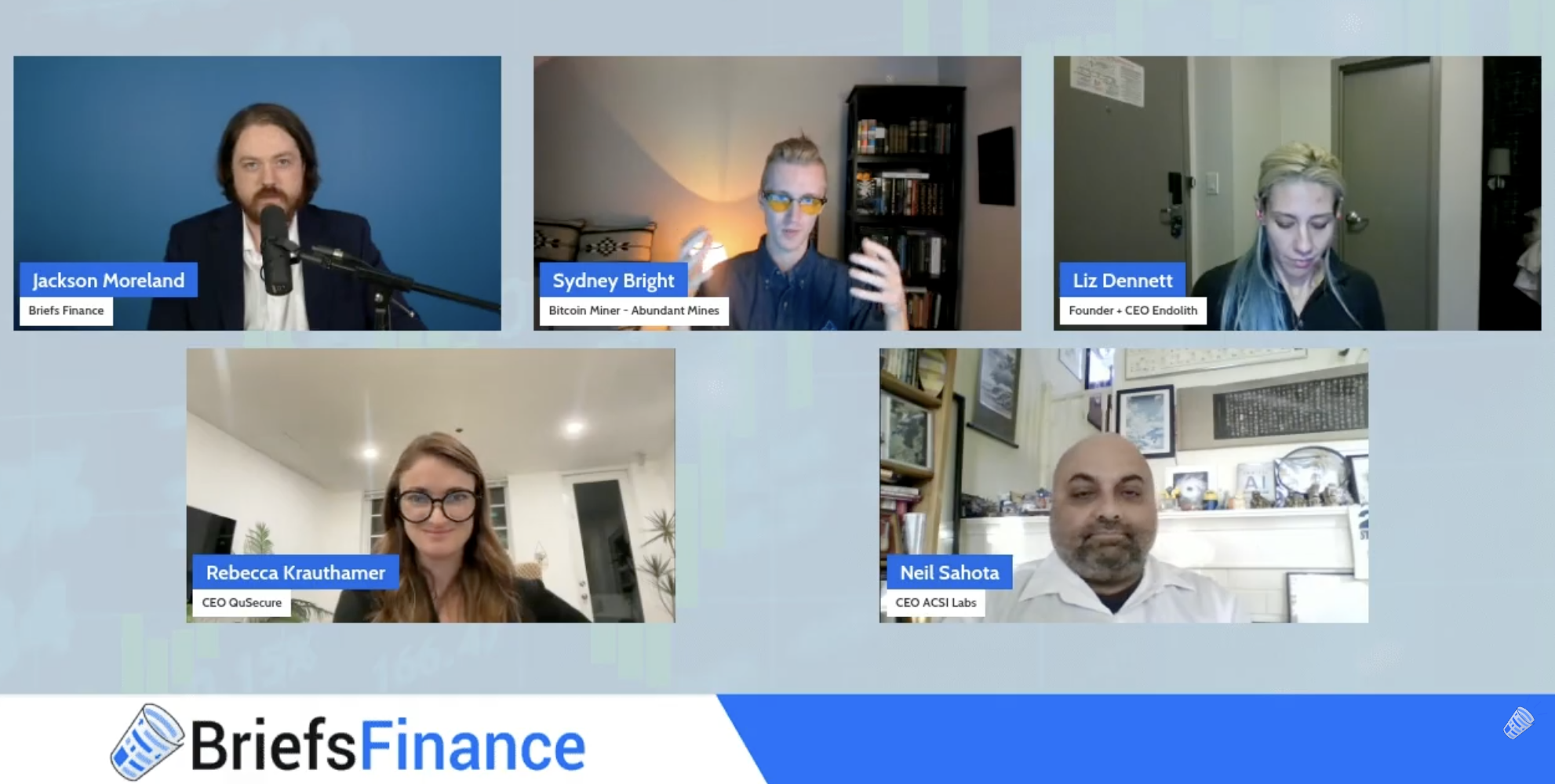 A virtual panel discussion with five participants, each in separate video frames, displaying names and roles, under the banner "Briefs Finance," exploring innovation at the edge of financial trends.