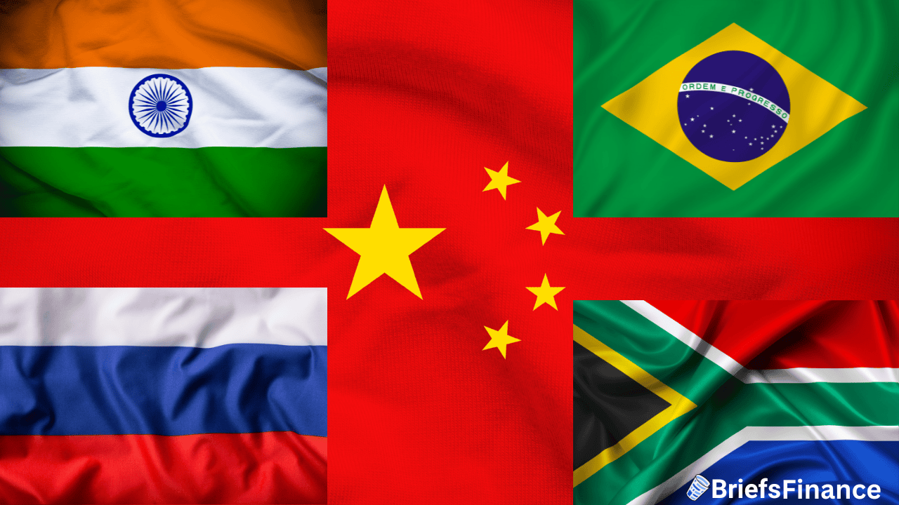Five national flags representing BRICS countries—India, China, Brazil, Russia, and South Africa—are displayed in a grid layout with a BriefsFinance logo in the bottom right corner, highlighting investing opportunities for U.S. investors.