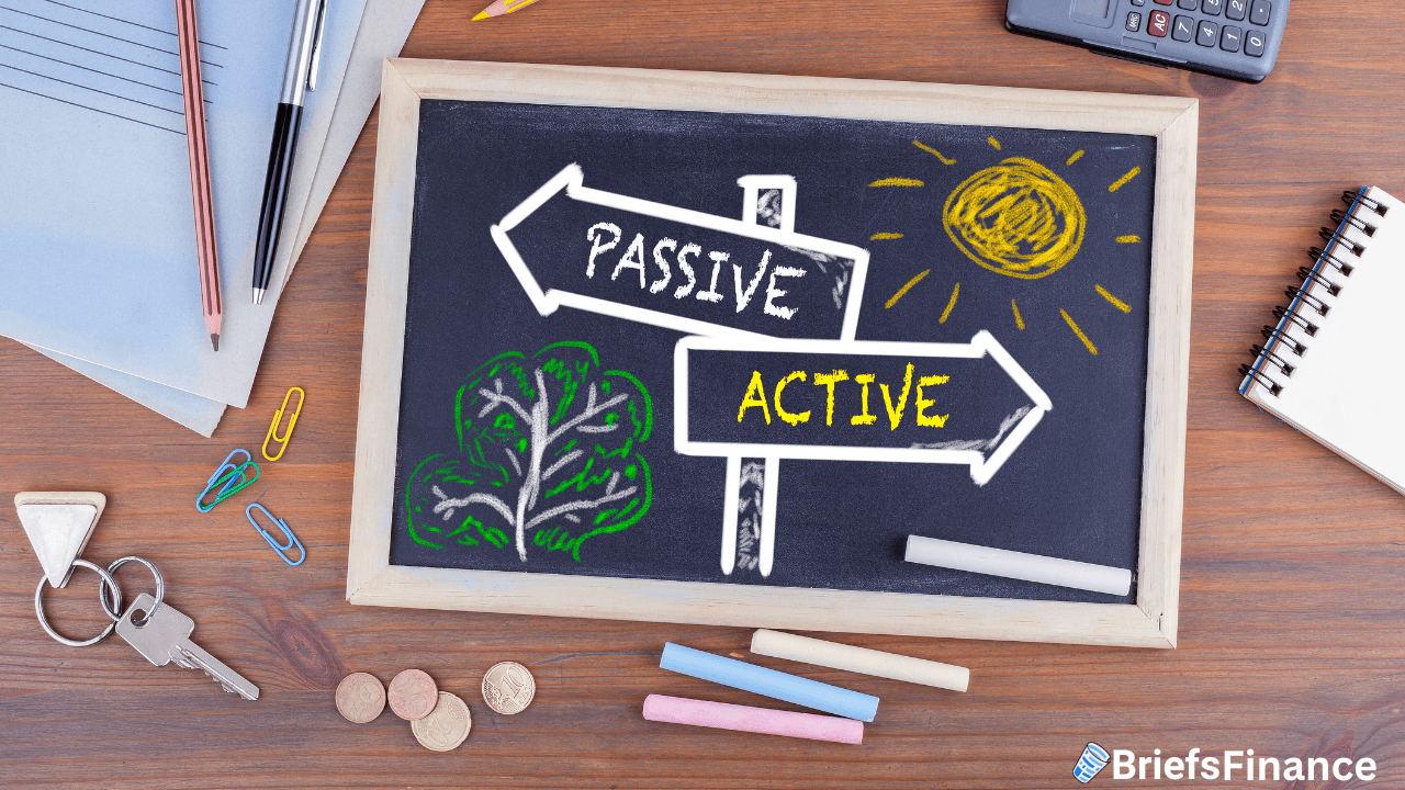 A chalkboard on a desk displays two arrows labeled "Passive" and "Active" with drawings of a tree and sun, representing investment strategies.