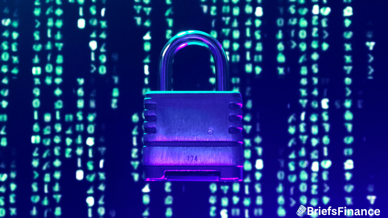 A metallic padlock is centered against a background of glowing blue and green digital code. The BriefsFinance logo appears in the lower right corner.