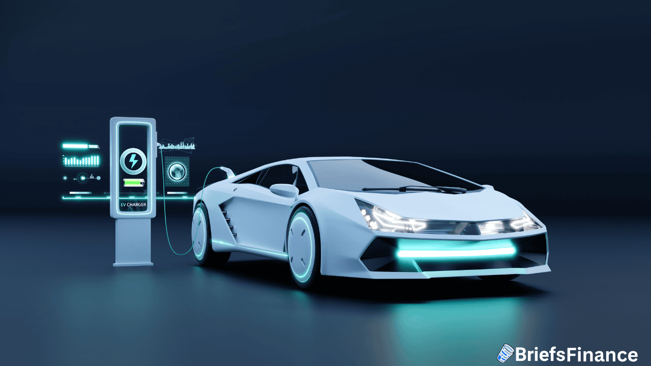 A white electric sports car is charging at a futuristic charging station, with digital interface graphics in the background. The BriefsFinance logo is shown in the lower right corner.