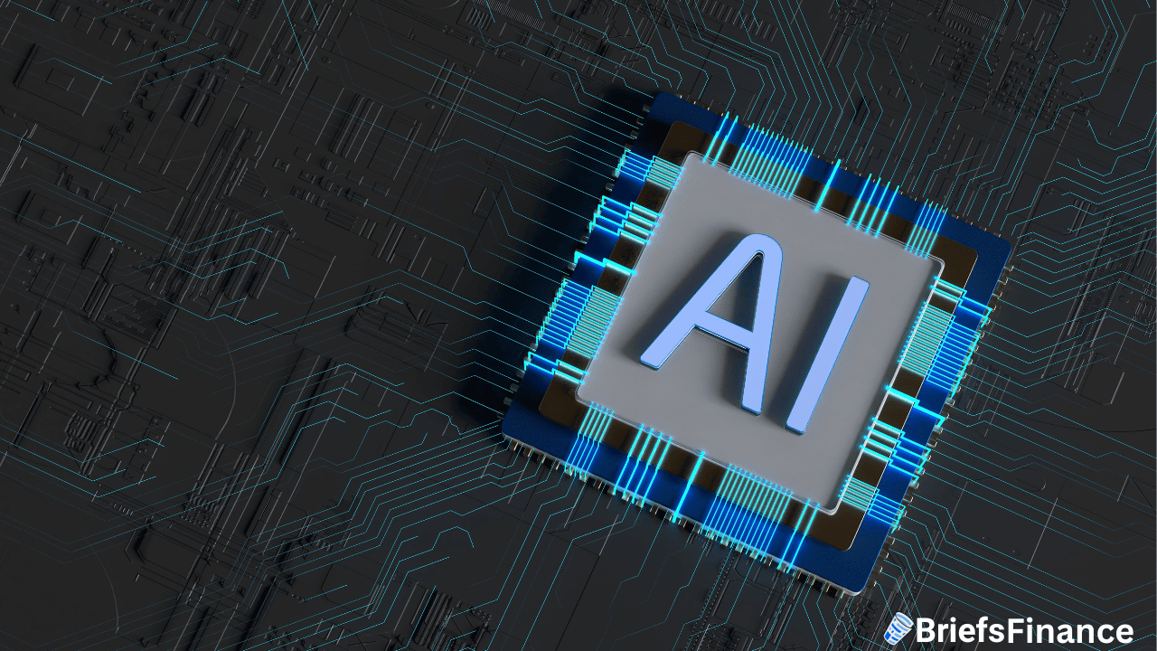 A computer chip labeled "AI" is depicted against a dark circuit board background, with the BriefsFinance logo in the corner.
