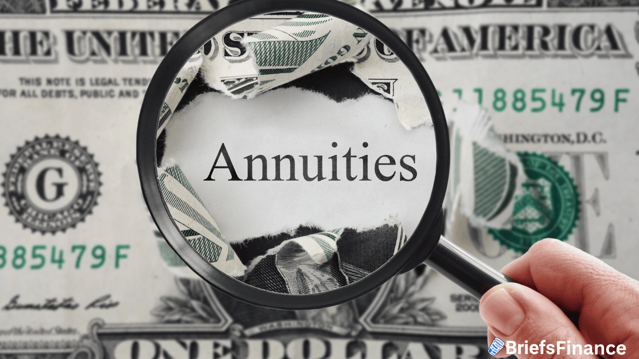 A magnifying glass reveals the word "Annuities" beneath torn dollar bills, with a U.S. one-dollar bill in the background.