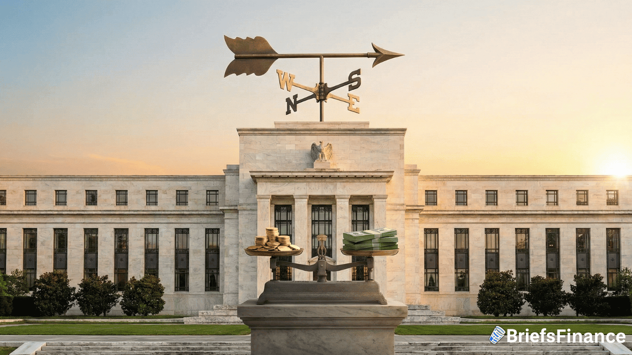 A marble building with a weather vane sits behind a scale balancing gold coins and cash, evoking the legacy of Federal Reserve Chair decisions, with the BriefsFinance logo in the corner.