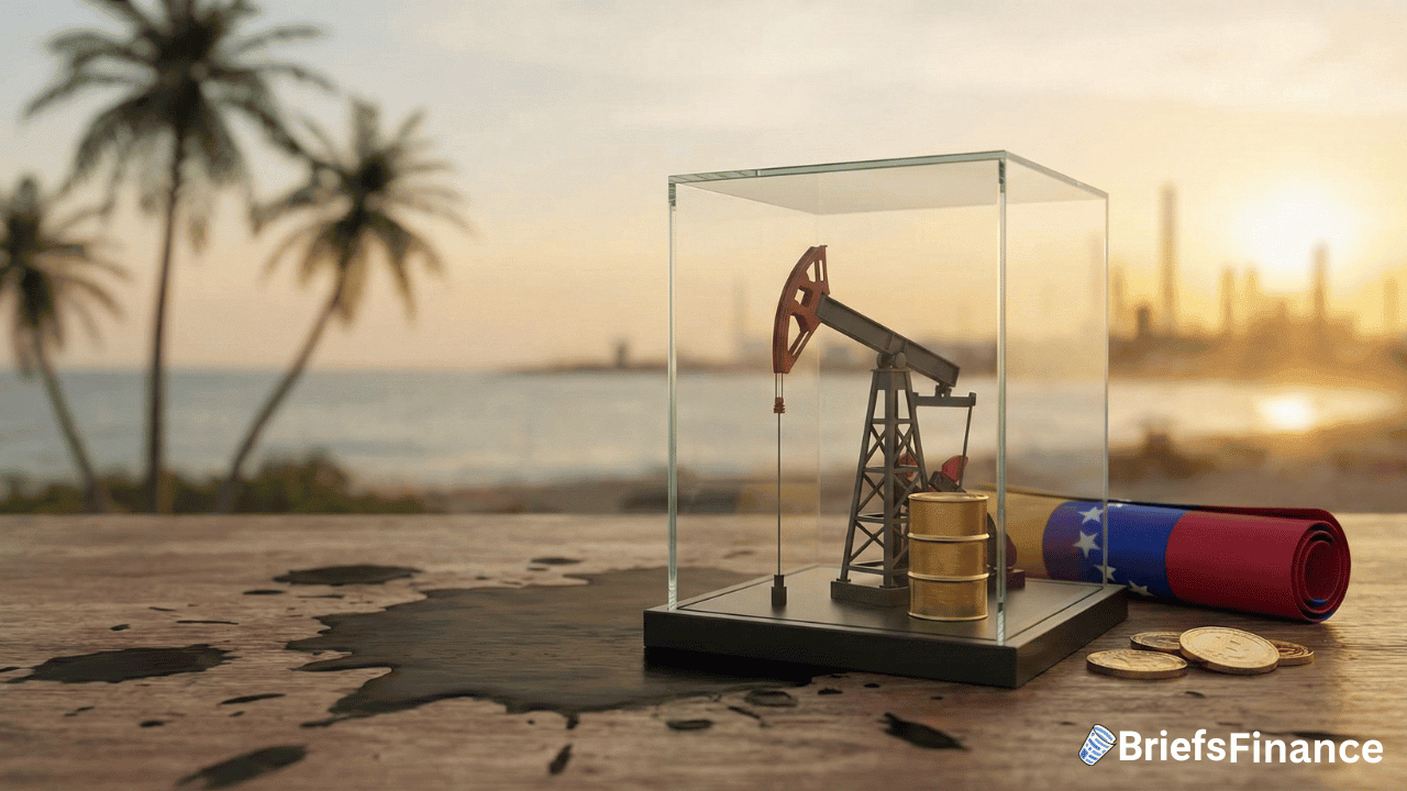 A model oil pump and barrel in a glass case sit beside coins, a rolled Venezuela flag, and an oil spill, highlighting Venezuela oil amidst palm trees and a refinery in the background.