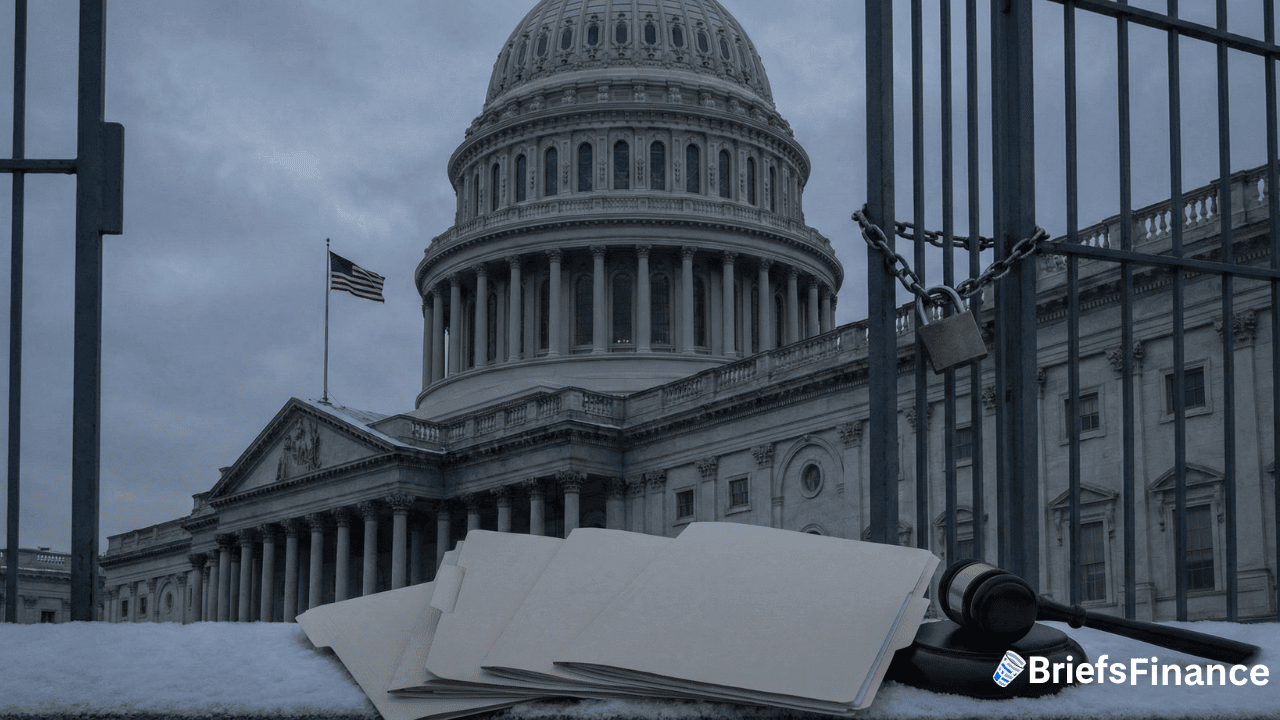 A stack of file folders and a gavel sit before a locked gate outside the US Capitol, with an American flag nearby—symbolizing the impact of a government shutdown on U.S. government operations.