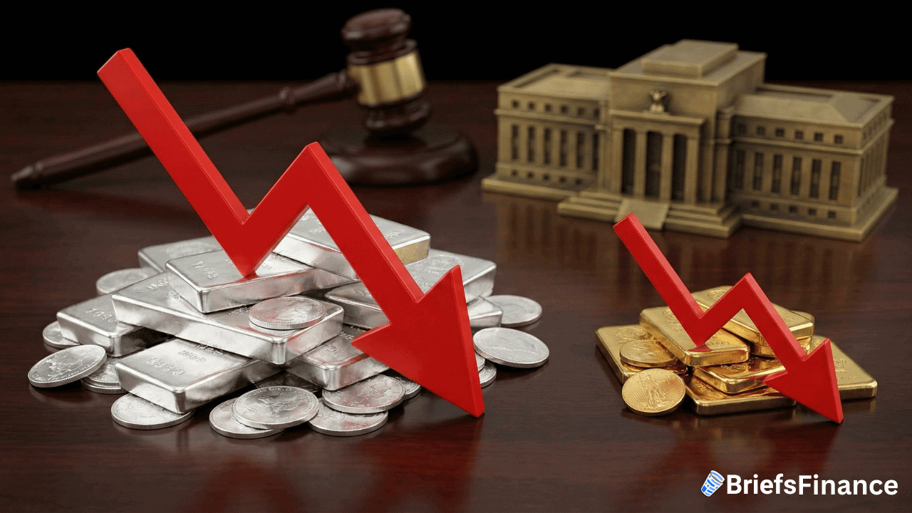 Red downward arrows over silver bars, coins, and gold bars, with a gavel and government building in the background, illustrating Silver Drops and Gold Falls amid concerns surrounding the Fed Chair Nomination.