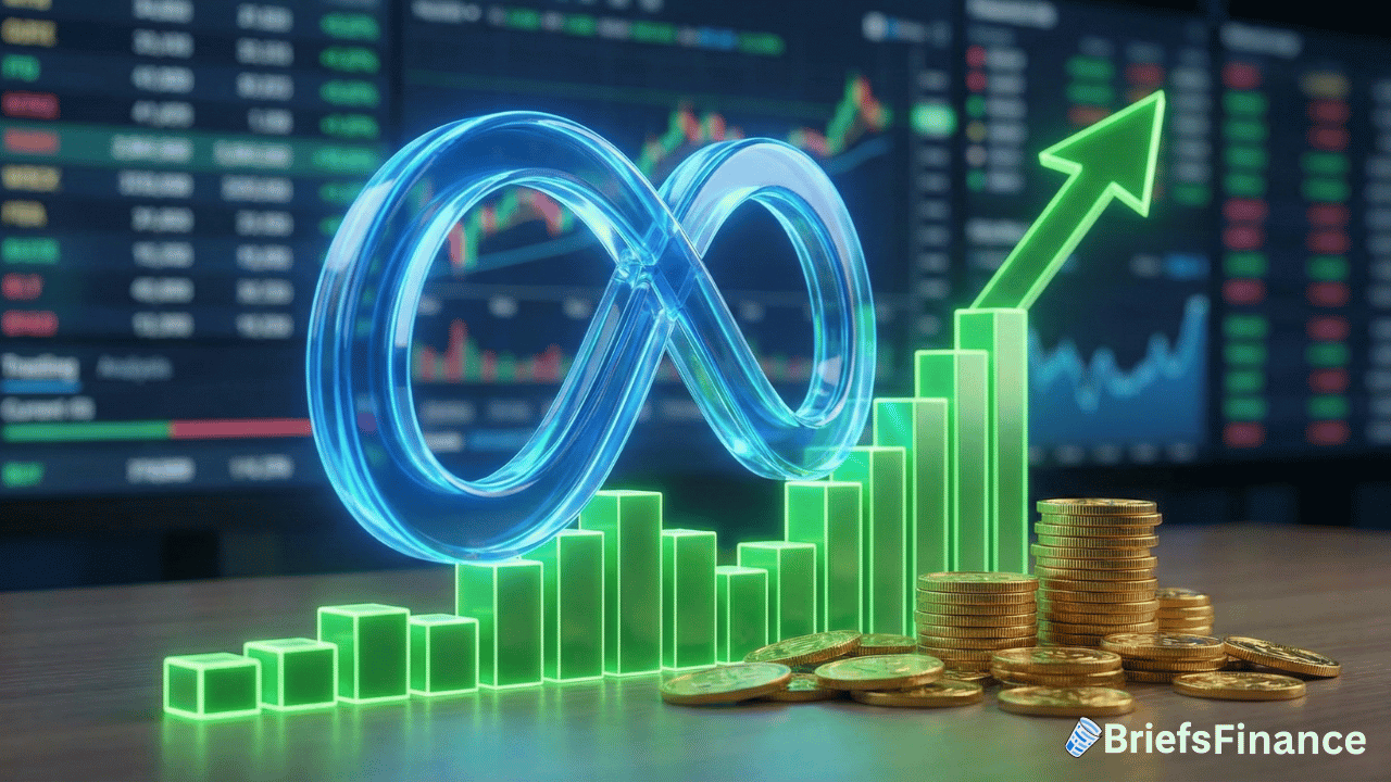 A glowing infinity symbol, green rising bar chart, and stacked coins are shown with financial data screens displaying earnings and sales forecasts in the background. BriefsFinance logo is visible in the corner.
