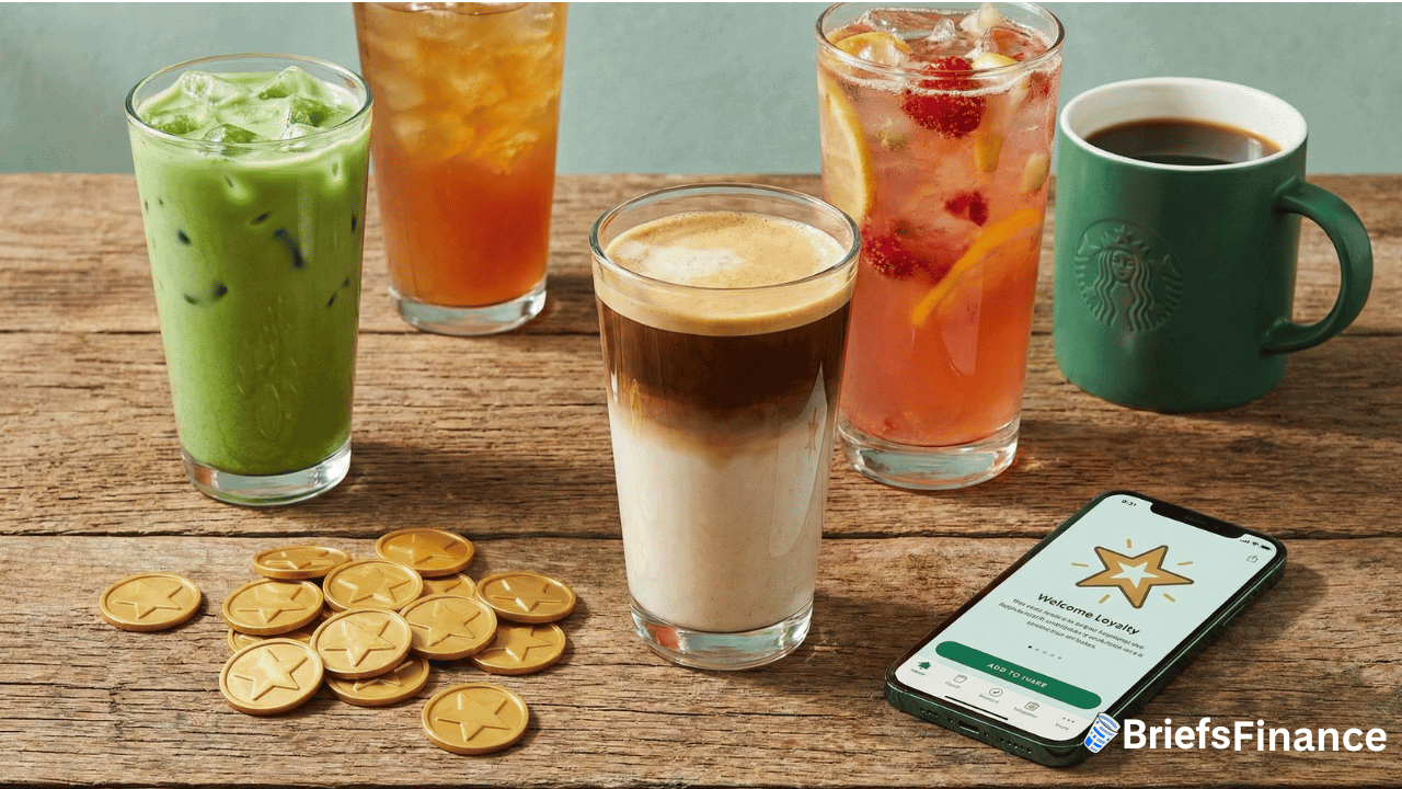 Five Starbucks drinks are on a wooden table beside gold star tokens and a smartphone displaying the Starbucks Rewards app, representing Starbucks’ growth plans and ongoing turnaround efforts.