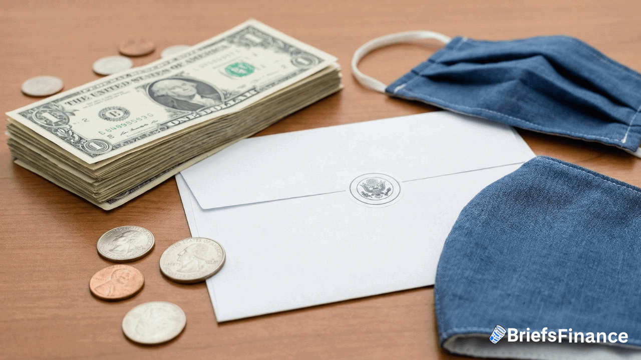 A stack of cash, coins, a sealed envelope, and two cloth face masks are arranged on a wooden surface—symbolizing IRS refund issues and pandemic relief errors facing taxpayers.
