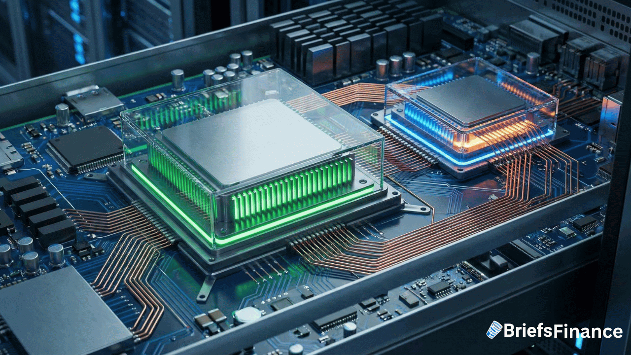 Close-up of a computer motherboard featuring two large illuminated processors, one glowing green and the other orange, showcasing semiconductor circuitry and cooling components.