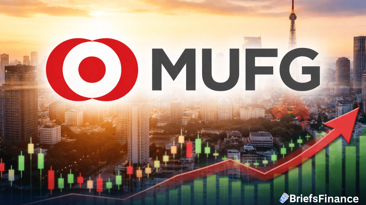 MUFG logo over a city skyline with stock market candlestick chart and upward arrow, indicating financial growth.