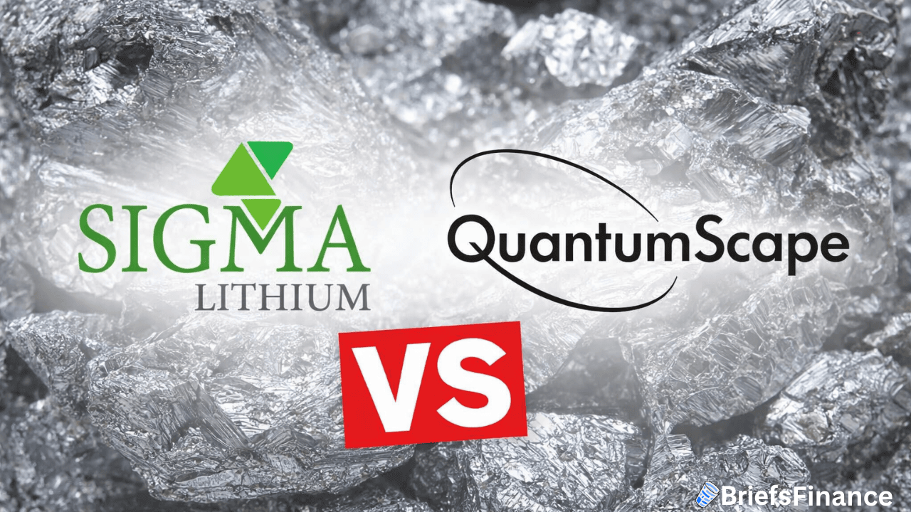 Logos of Sigma Lithium and QuantumScape with a "VS" graphic between them, set against a metallic lithium ore background.