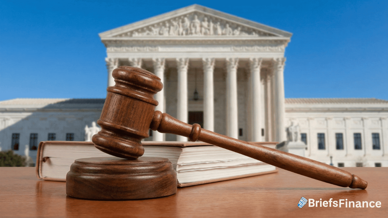A judge's gavel and books on a desk in front of a large government building with columns; BriefsFinance logo in the corner.