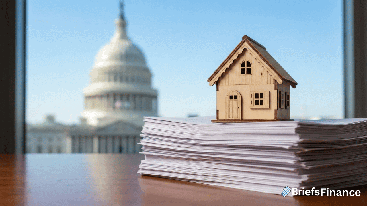 A small model house sits atop a stack of documents on a desk, with the U.S. Capitol building visible through the window—highlighting debates over corporate home purchases and policies like the Khanna bill.