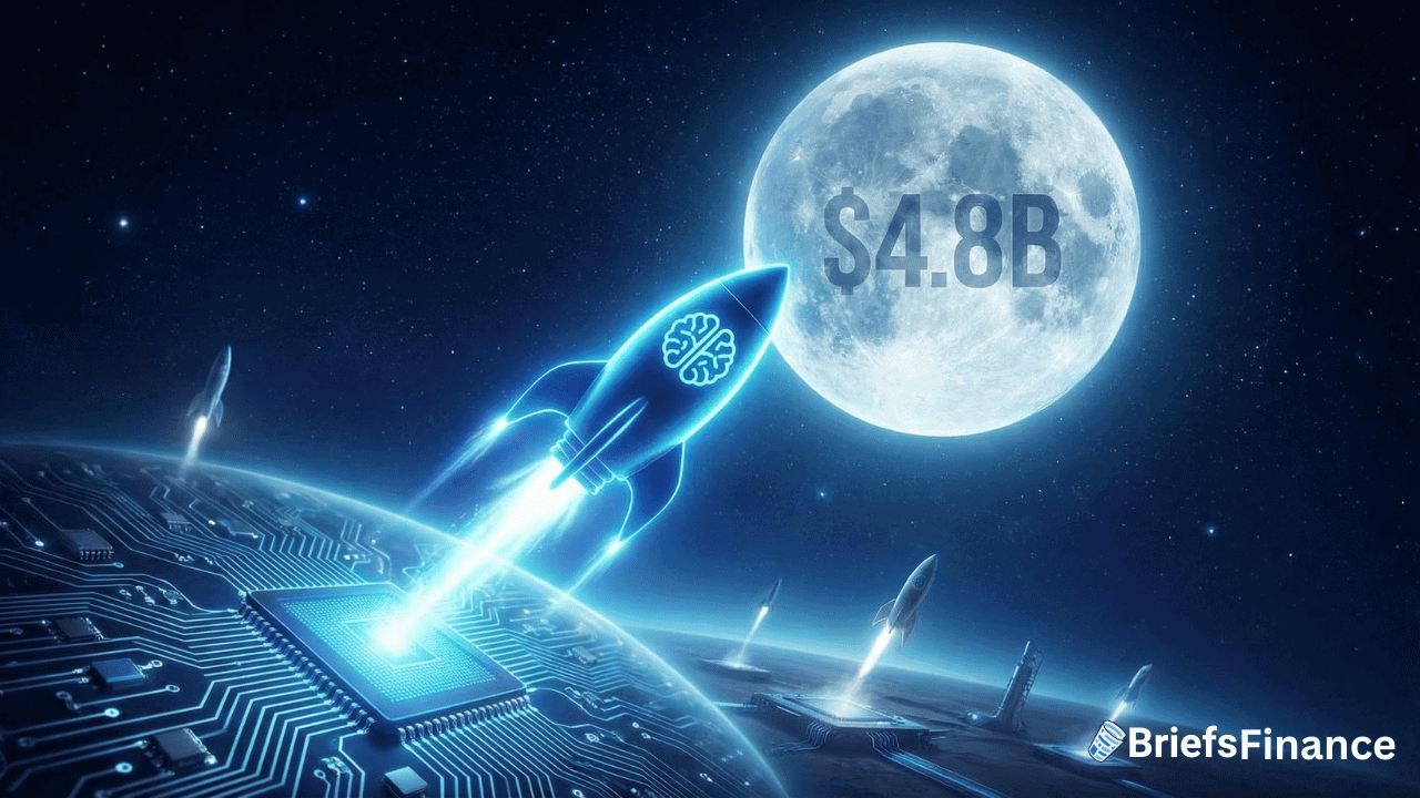 A rocket with a brain icon, symbolizing Moonshot AI, launches from a computer chip on Earth toward a full moon labeled "$4.8B Valuation," with the "BriefsFinance" logo in the corner.
