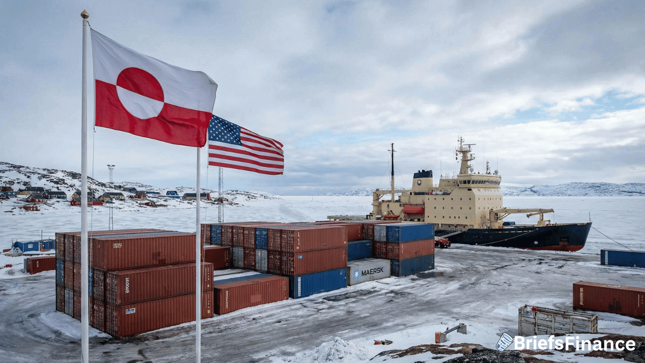 Greenland and U.S. flags near stacked shipping containers and a cargo ship docked in a snowy port, with buildings and ice in the background.