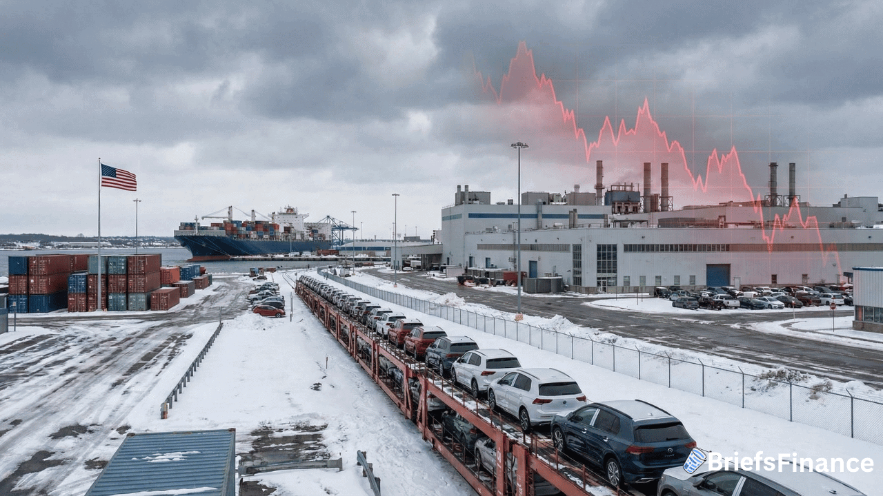 A snowy industrial port with stacked shipping containers, parked cars from European automakers, a cargo ship, and a factory, overlaid with a red declining stock market graph showing sharp stock drops.