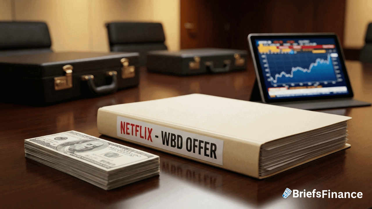 A binder labeled "Netflix - WBD Offer" sits on a table with a stack of cash, two briefcases, and a laptop displaying a stock chart—hinting at an all-cash bid involving Netflix and Warner Bros. Discovery.