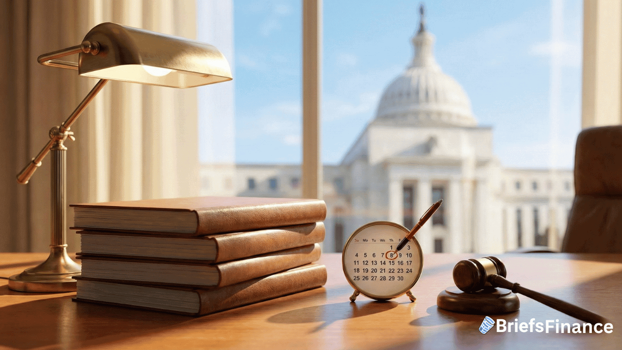 A desk with stacked books, a lamp, a clock, a gavel, and the U.S. Capitol building visible through the window—plus a subtle nod to Fed Chair Jerome Powell; BriefsFinance logo in lower right corner.