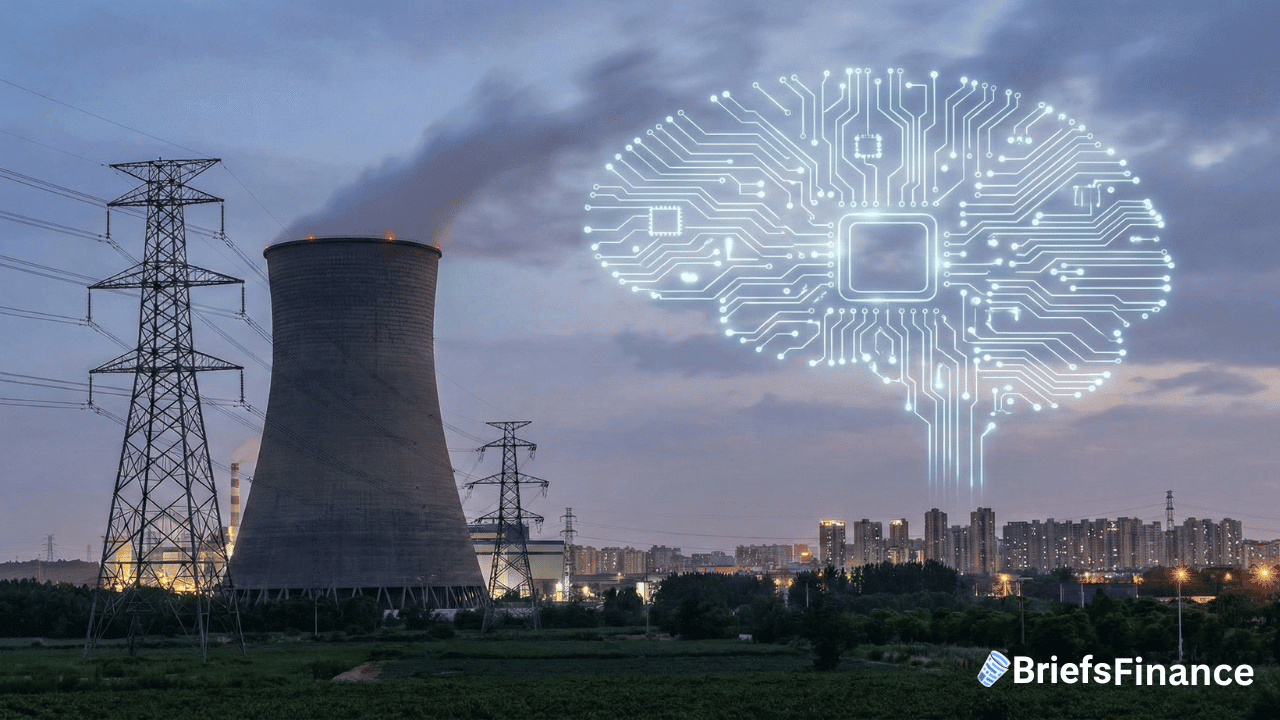 A power plant and transmission towers with a digital brain illustration in the sky, symbolizing technology and energy integration amid rising energy costs; BriefsFinance logo in the bottom right corner.