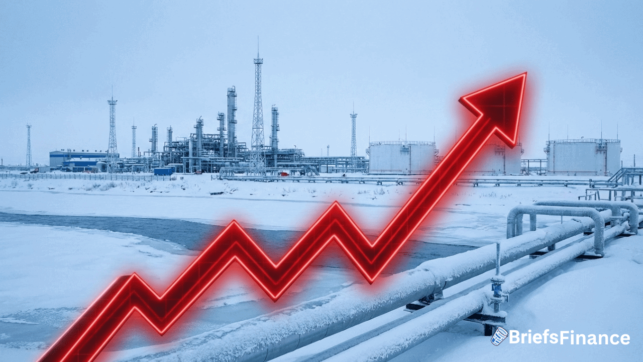 A snowy industrial facility with a red upward-pointing arrow graph signals a surge in industrial or financial activity, possibly driven by rising natural gas prices during an Arctic cold blast.