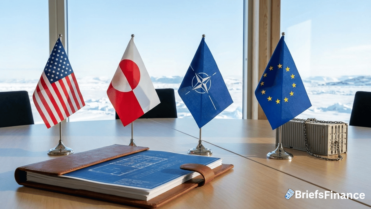 Four small flags—USA, Japan, NATO, and EU—are displayed on a conference table with a folder and a bag, against a snowy outdoor backdrop.
