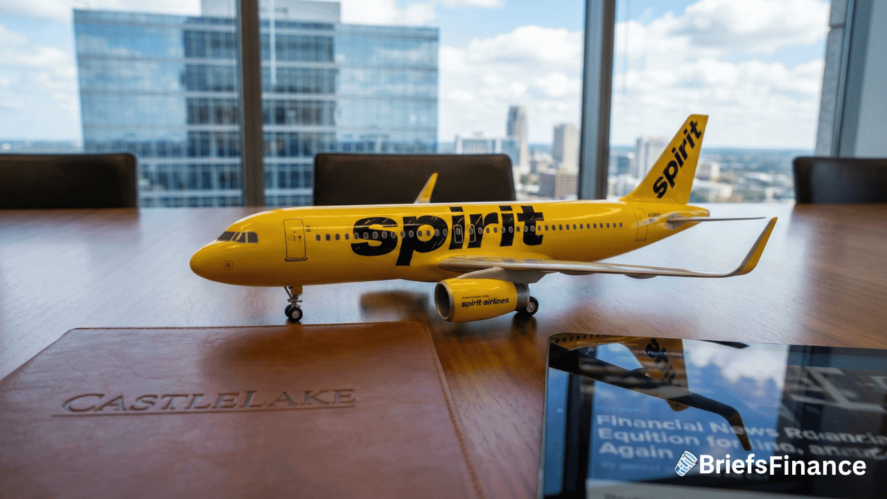 A model Spirit Airlines airplane sits on a conference table next to a CASTLELAKE folder and a tablet displaying financial news, with a city skyline visible through the window.