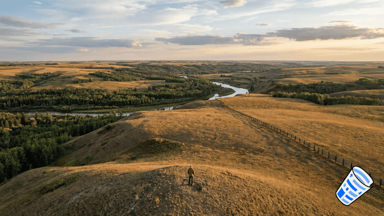 A person stands on a hilltop overlooking a winding river, fields, and distant forests under a partly cloudy sky at sunset—reminiscent of the vast landscapes owned by America's largest private landowner, Stan Kroenke.