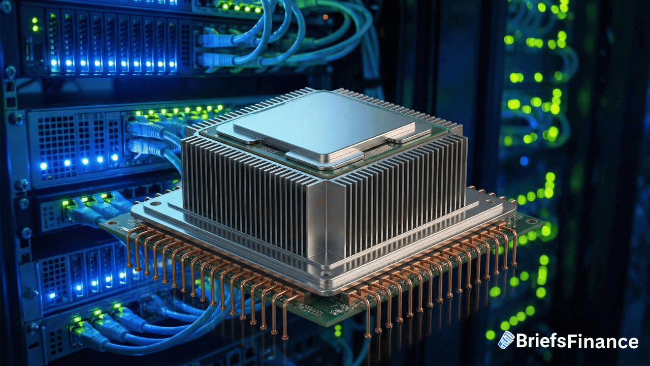 A large computer processor with cooling fins hovers in front of server racks with glowing blue and green lights; BriefsFinance logo is visible in the corner.
