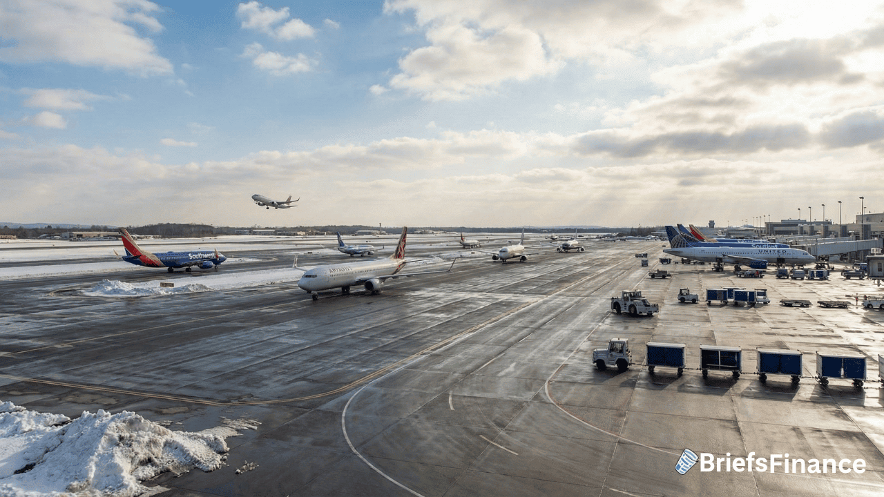Several commercial airplanes are parked or taxiing on a snowy airport tarmac, as one plane takes off under a cloudy sky—highlighting how air travel continues to normalize despite storm disruptions.