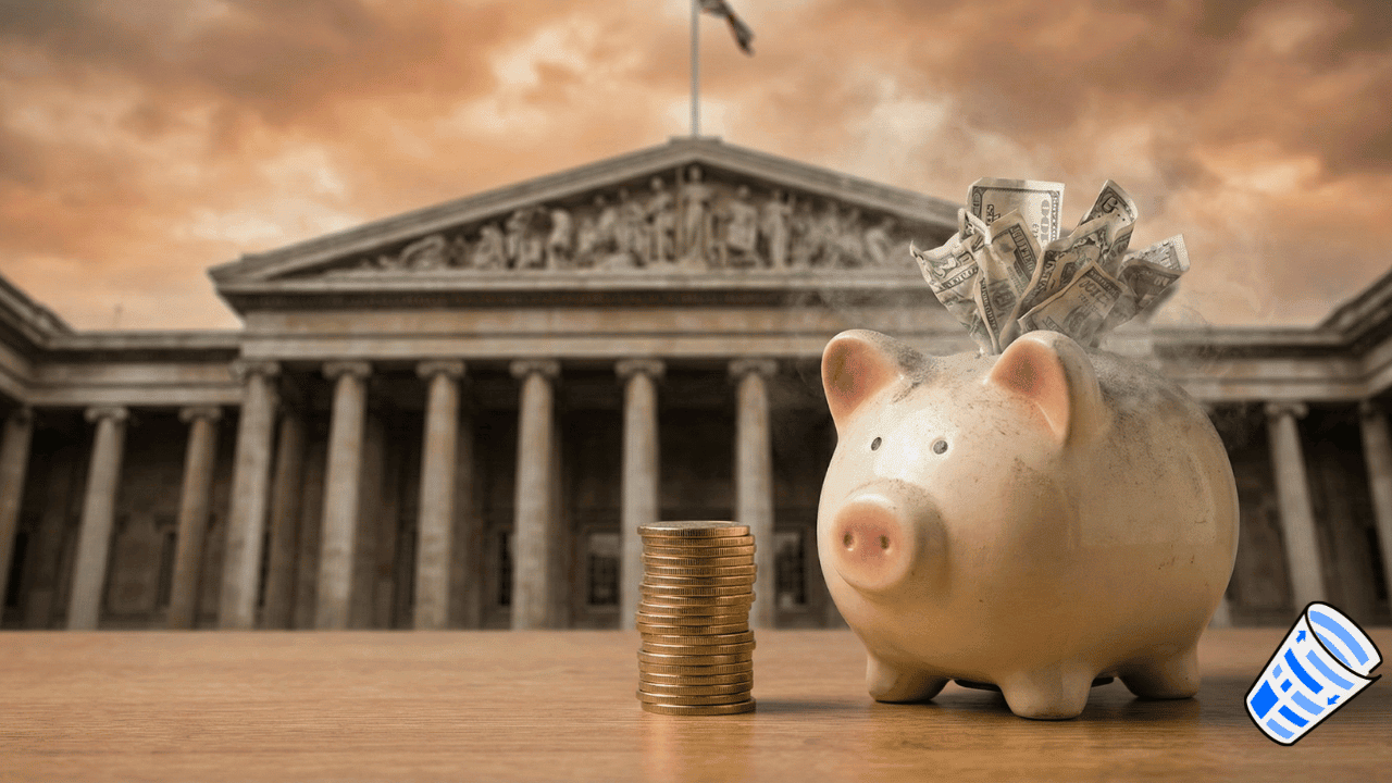 A piggy bank with cash and a tall stack of coins sits in front of a government building with columns under a cloudy sky.