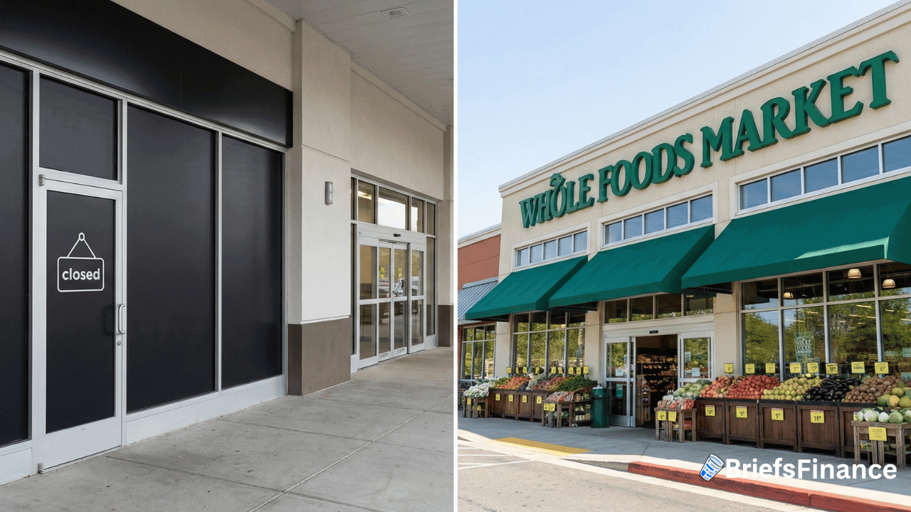 Side-by-side photos: a closed store with a "closed" sign on the left and a vibrant Whole Foods storefront on the right, showcasing fresh produce displays outside.