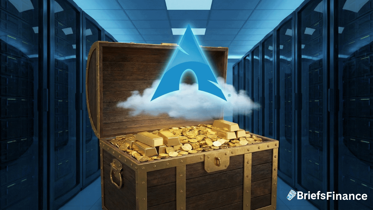 A treasure chest filled with gold bars and coins stands in a server room, symbolizing a recent valuation surge or funding round, with the Arch Linux logo above it and a BriefsFinance watermark in the corner.