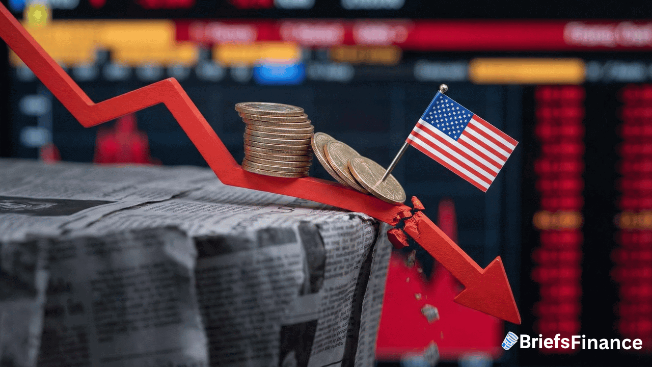 A stack of coins and a small U.S. flag sit on a red downward arrow, symbolizing the largest drop in the U.S. dollar, with a newspaper and stock market data in the background, possibly impacted by Trump's comments.