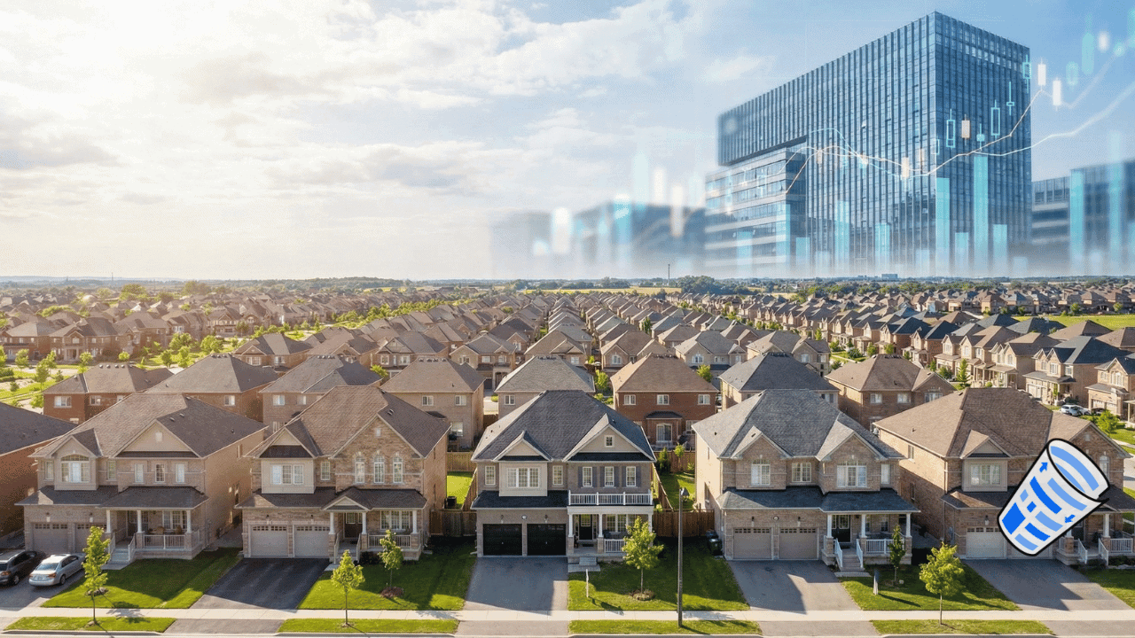 A suburban neighborhood with rows of houses in the foreground, overlaid with images of a modern office building, stock chart graphics, and a blue garbage can icon, highlights the trend of Home Purchases by Investors and its impact on communities.