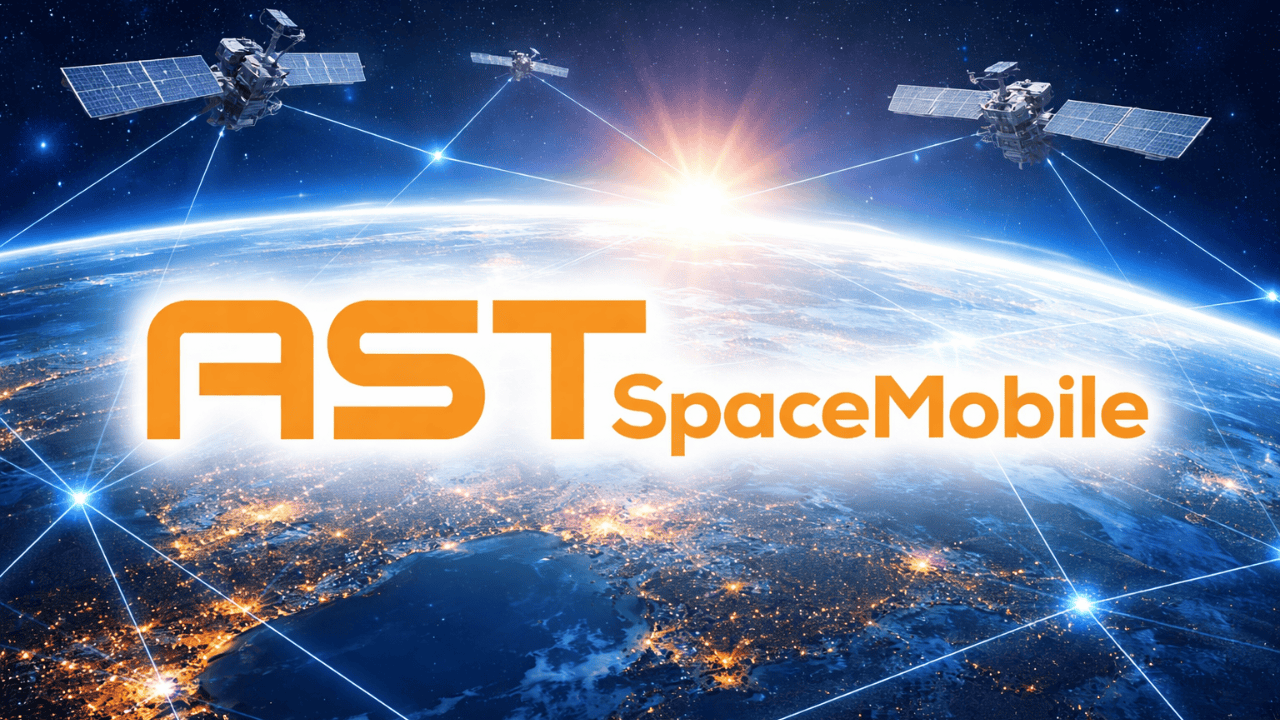 AST SpaceMobile logo over an image of Earth from space, with satellites and network lines connecting points on the planet.