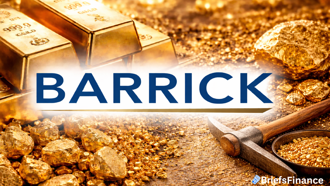 Gold bars, gold nuggets, and a mining hammer appear in the background, with the word "BARRICK" prominently displayed across the center.
