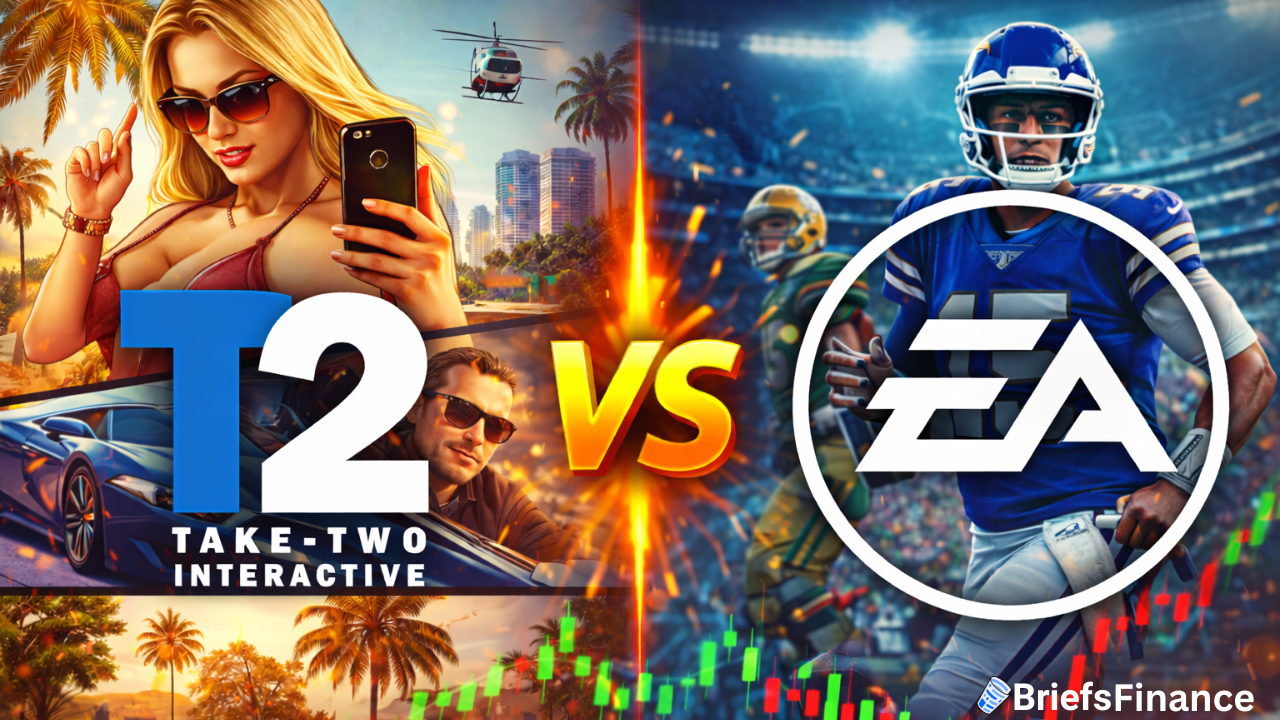 Take-Two Interactive logo and characters on left, Electronic Arts logo and football players on right, with "VS" in the center and stock market graphics below.