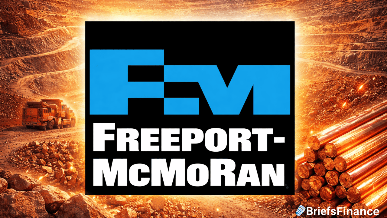 The Freeport-McMoRan logo is centered over a mining scene with haul trucks on a terraced pit and copper rods on the right; “BriefsFinance” appears in the bottom right corner.