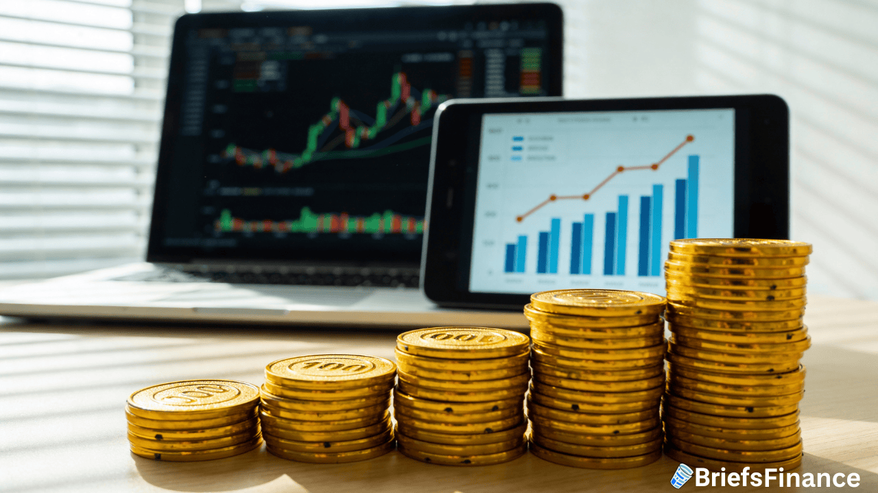 Stacks of gold coins are arranged in increasing order on a desk, with a laptop and tablet displaying financial charts in the background.