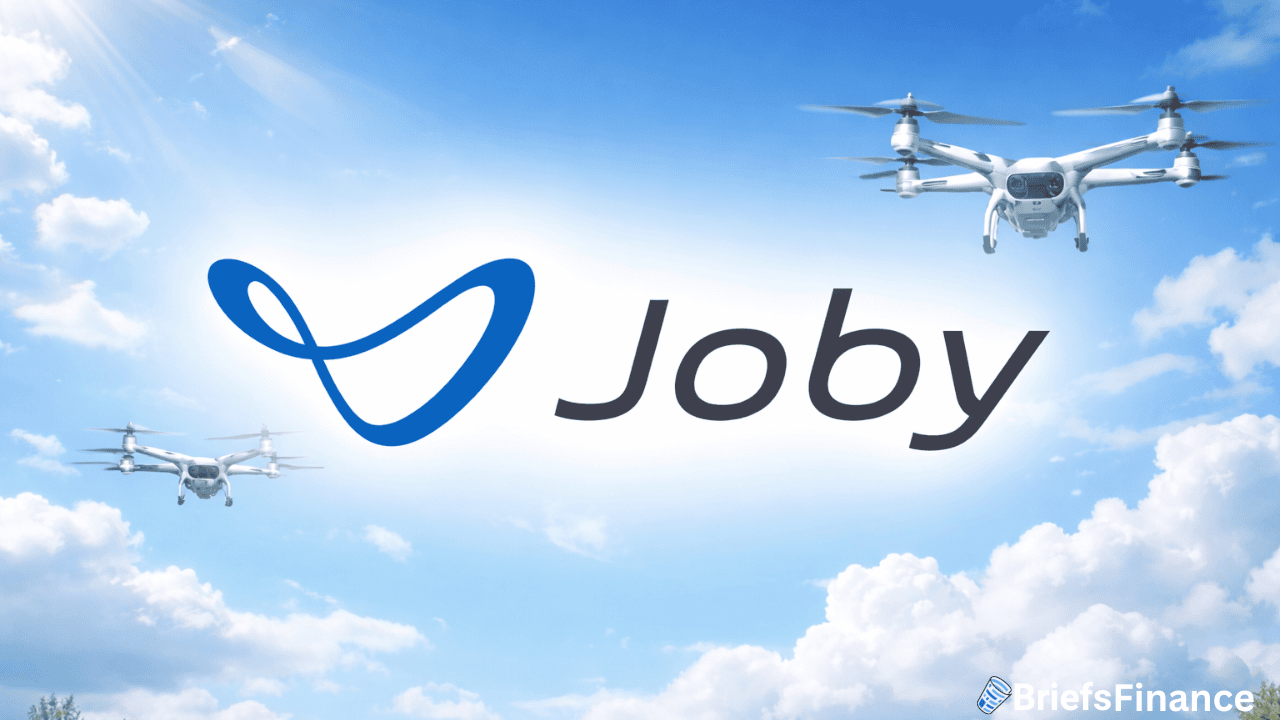 Joby logo centered on a sky background with two drones flying, one on each side. BriefsFinance watermark appears in the bottom right corner.