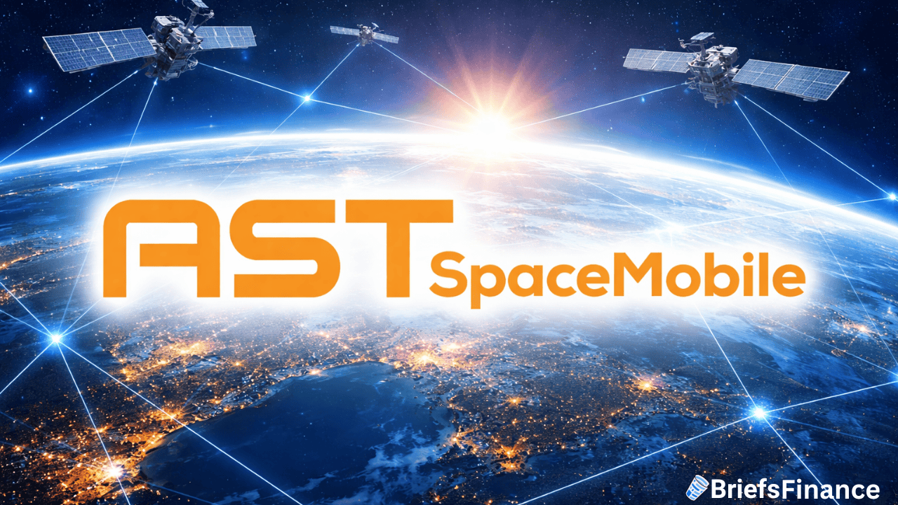 Logo for AST SpaceMobile over an image of Earth from space, with satellites orbiting and connected by digital lines. "BriefsFinance" is visible in the bottom right corner.